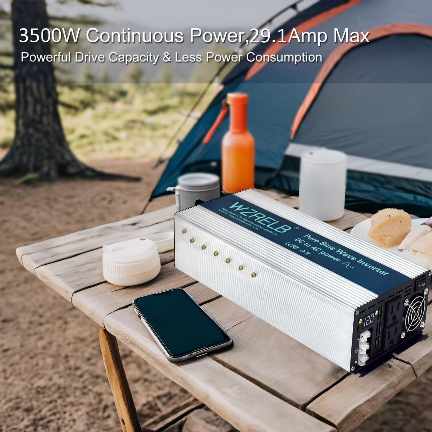 WZRELB 4000W Pure Sine Wave Inverter, Car Power Inverter 12V DC to 110V 120V AC Converter for RV, Truck, Solar, Outdoor with Dual AC Outlets, Hardwire Port, Surge 8000W, LED Display,Off-Grid