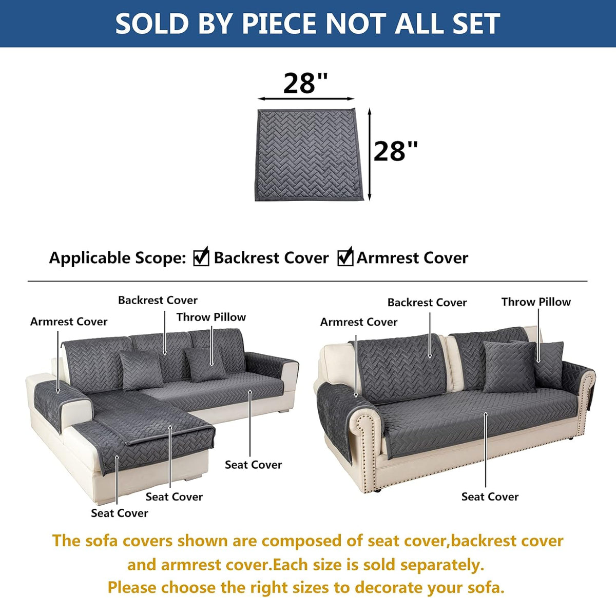 Eismodra Armrest Couch /Sofa /Backrest Covers,Anti-Slip Armchair Slipcovers for Dogs Cats Pet Loveseat Recliner Leather L Shaped,Dark Gray 28 x 28 Inches (Only 1 Piece)