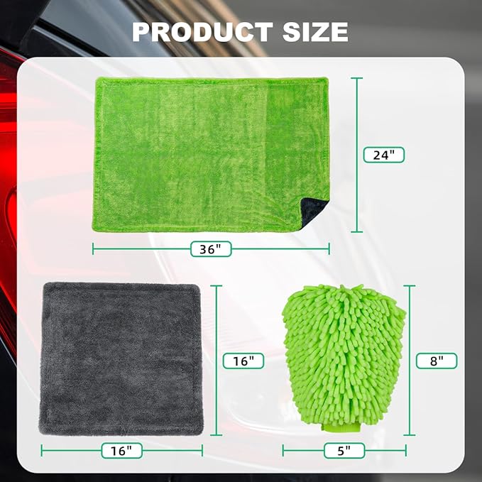 2 Pack Microfiber Towels for Cars, 1200 GSM Ultra-Soft Microfiber 36”x 24”& 16" x 16" Car Drying Towels Ultra-Absorbent Streak Free Premium Double Twisted-Loop Cleaning Cloth with Car Wash Mitt