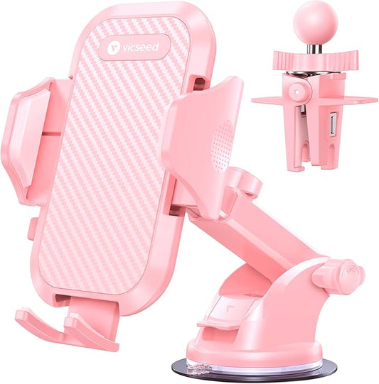 VICSEED Pink Phone Holders for Your Car, [True Military-Grade Strongest Suction Power], 3-in-1 Dashboard Windshield Vent, Truck Boat Stand Cell Phone Mount for iPhone Android All Phones