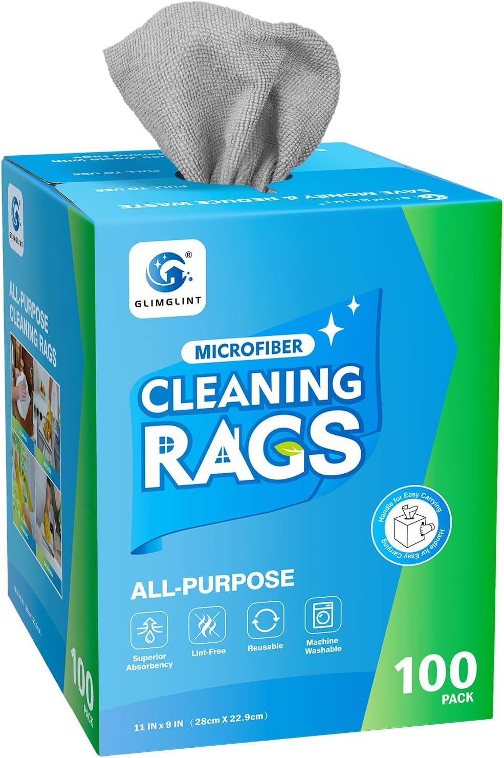 GLIMGLINT Microfiber Cleaning Cloth, 100 Pack Cleaning Rags, Lint-Free, Ultra Absorbent Reusable Paper Towels for Home, Kitchen, Car, Garage or Shop, Dish Rags, 11" x 9", Grey