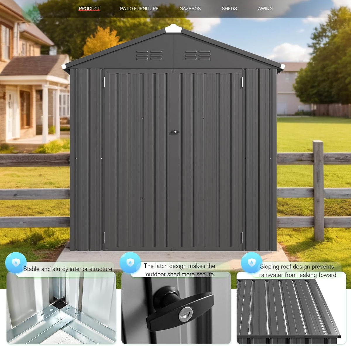 AECOJOY Shed 6' x 4' Storage Shed, Dark Grey Metal Sheds & Outdoor Storage Clearance, Utility and Tool Garden Shed with Lockable Doors for Backyard, Patio, Outside Use
