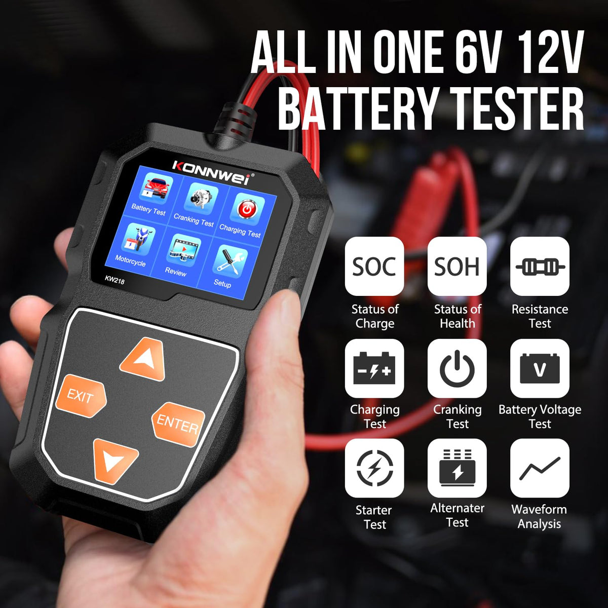 KONNWEI KW218 6V 12V Car Battery Tester 100-2000 CCA Automotive Battery Load Tester Alternator Tester Digital Auto Battery Analyzer Charging Cranking System Tester for Car Truck Marine Motorcycle Boat