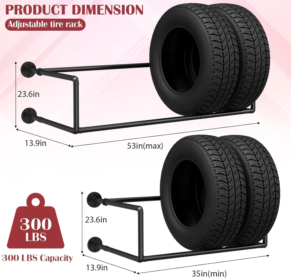Vrisa Tire Rack Wall Mount Heavy Duty Adjustable Multi Tire Storage Rack with 300LB Weight Capacity Tire Rack for Garage Workshop Repair Shop, Black