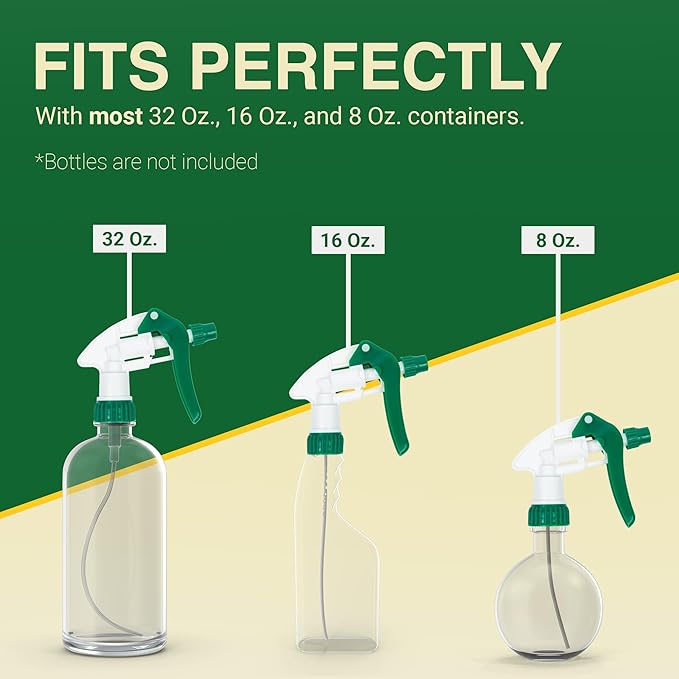 Spray Bottle Nozzle Replacement, Bottle Tops Only - Sprayer Nozzle Triggers for Heavy Duty, Commercial, Home Cleaning Solutions - Fits 8,16,24,32 oz Plastic & Glass Bottles, Green 3 pack