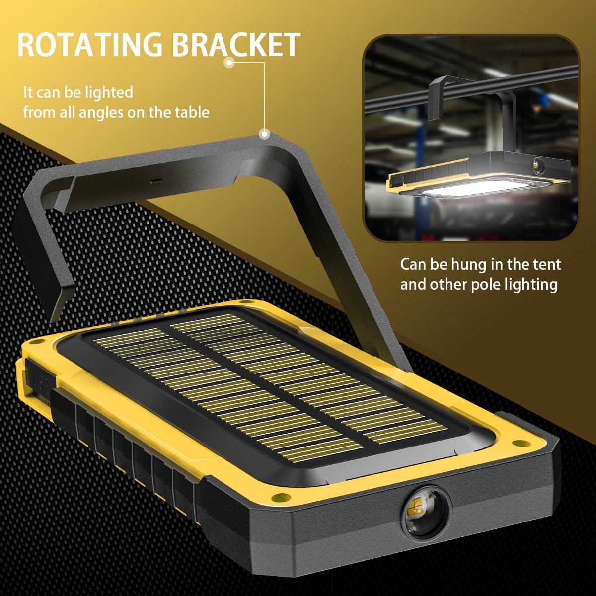 WARSUN Portable Rechargeable Magnetic Work Light, LED Flood Light Waterproof for Outdoor Camping Hiking Emergency Car Repairing (USB + Solar Charging, Yellow)