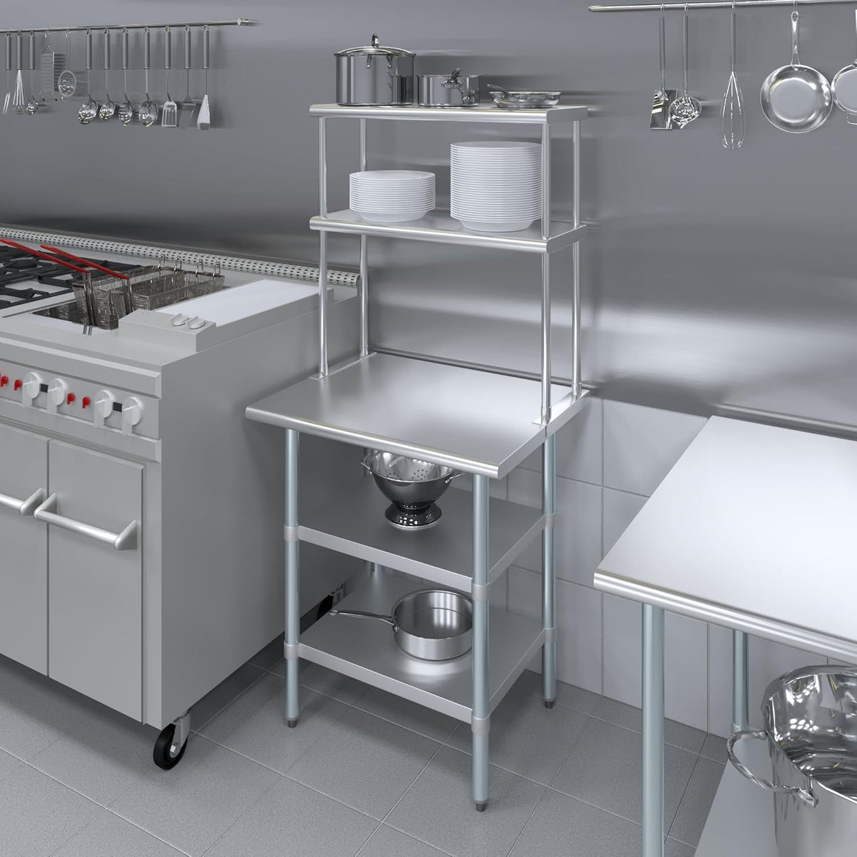Amgood Stainless Steel Work Table with 2 Shelves | Metal Kitchen Prep Table & Shelving Combo (24" x 30" Table with 2 Shelves + 12" Overshelf)