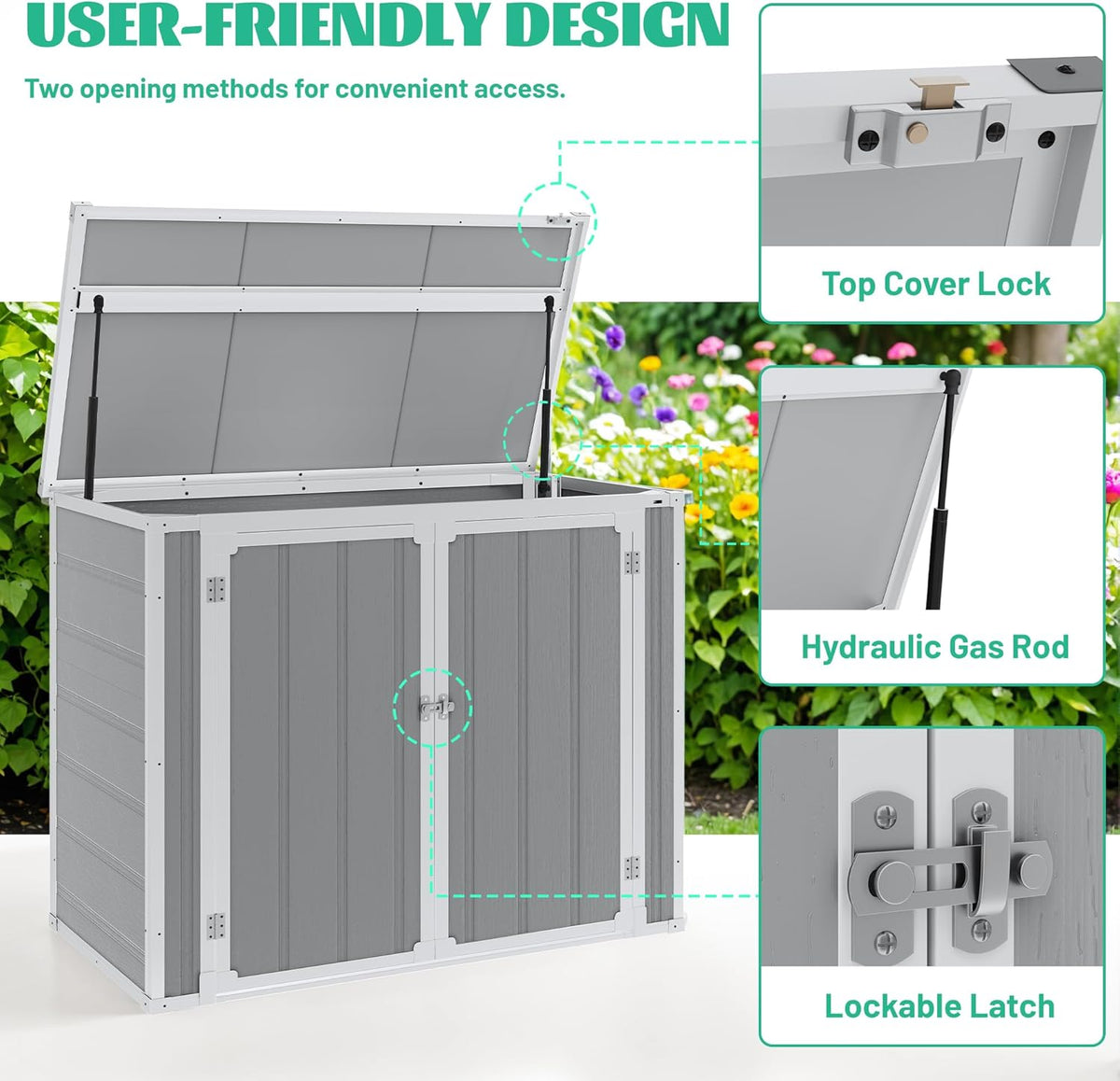 41 Cu.Ft Resin Shed with Floor, 4.7x2.5 FT Outdoor Horizontal Storage Shed for Trash Cans and Garden Tools, Waterproof Outdoor Plastic Shed for Lawn Mower, Pool Toys, Bicycle (Gray)