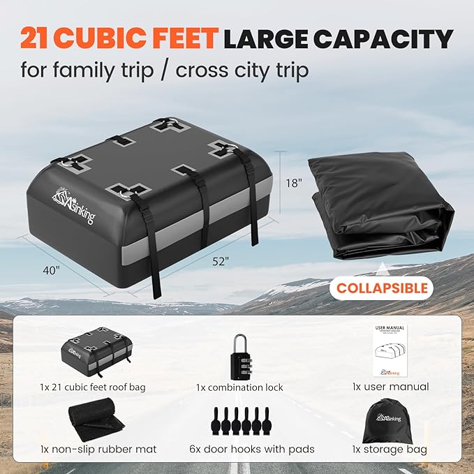 Asinking Car Rooftop Cargo Carrier Bag - 100% Waterproof Heavy Duty Car Roof Luggage Carrier 21 Cubic Feet, Fits All Vehicles with/Without Roof Rack - Easy Install & Triply Reinforced for Secure Use