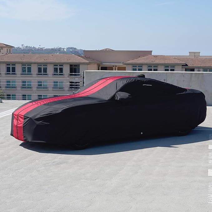 iCarCover Custom Car Cover Compatible with Camaro 2010-2023, Waterproof All Weather Rain Snow UV Sun Protector Full Exterior Indoor Outdoor Car Covers, Stripe (Black/Red)
