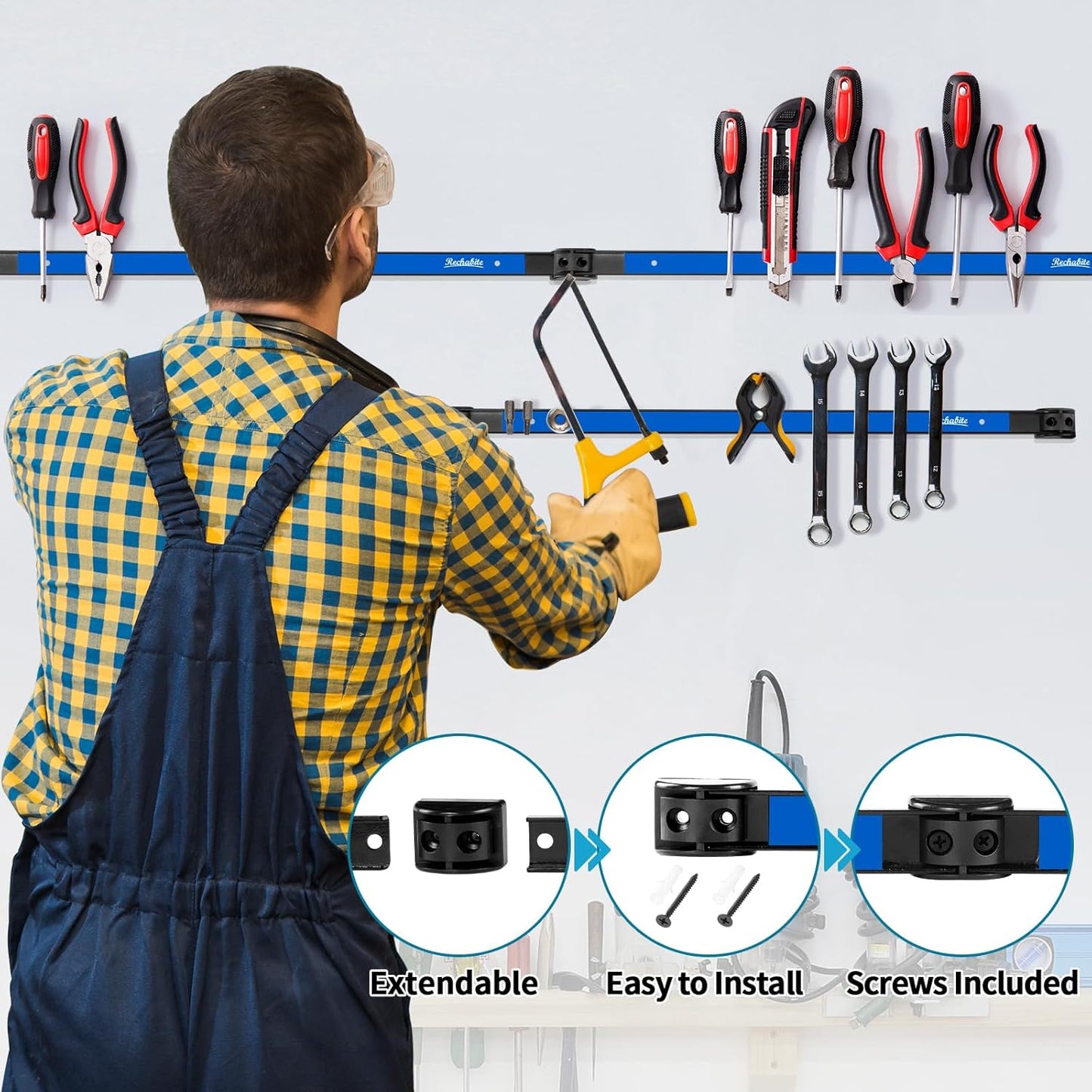 6 Pieces 24" Magnetic Tool Holder Strip, Blue Magnet Bar, Metal Tool Organizer Rack for Garage Organization, Easy To Install in Workshop, Mounting Screws Included