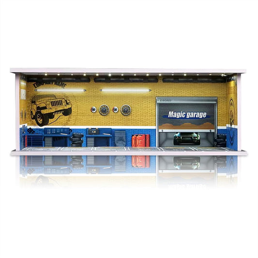 Display Case for Hot Wheels: Stackable Parking Garage for 1/64 Scale Matchbox Toy Car, FoamBoard Storage for Monster Trucks with LED Light and Acrylic Cover, Repair Store