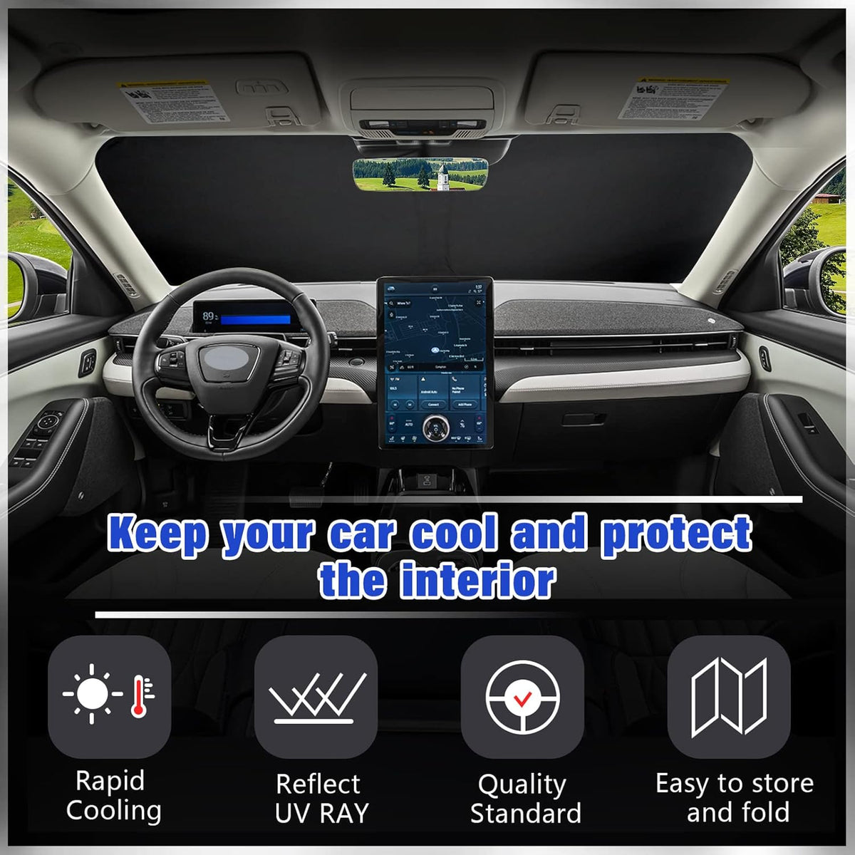 Sze Windshield Sunshade for 2021-2022 2023 2024 2025 Ford Mustang Mach-E, Foldable Front Window Sun Shade UV Reflector Sun Visor Privacy Protection Light Weight Keep Vehicle Cool-New Upgrade Sunshade