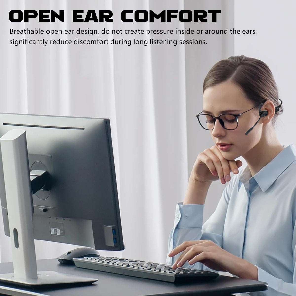 Open Ear Bluetooth 5.4 Headphones with Mic, Lightweight Wireless Headset with Microphone Noise Cancelling Mute Button for Home Office Work Driving Running Workouts, Dual Link, 15H Playtime