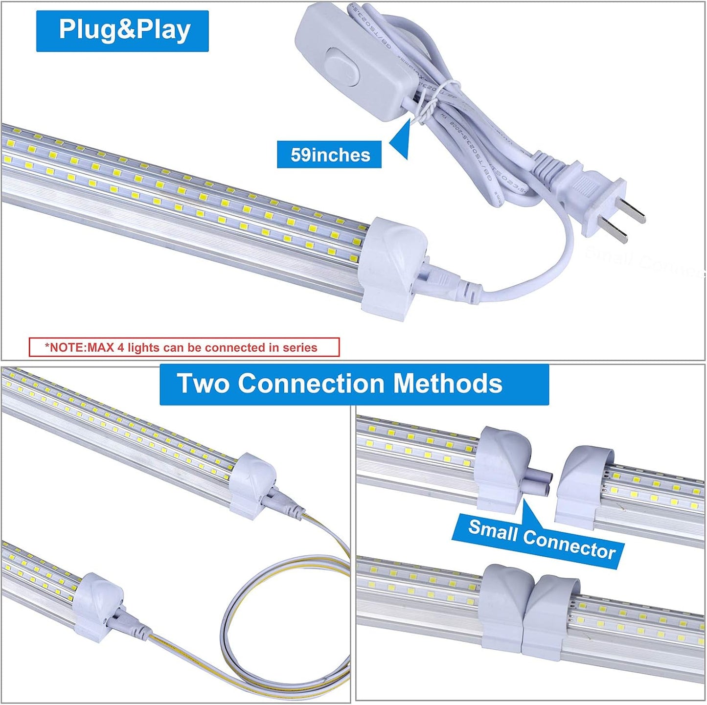 6 Pack, LED Shop Light, 4FT 72W 7500LM 5000K, Daylight White, U Shape, Clear Cover, Hight Output, Linkable Shop Lights, T8 LED Tube Lights, LED Shop Lights for Garage 4 Foot with Plug