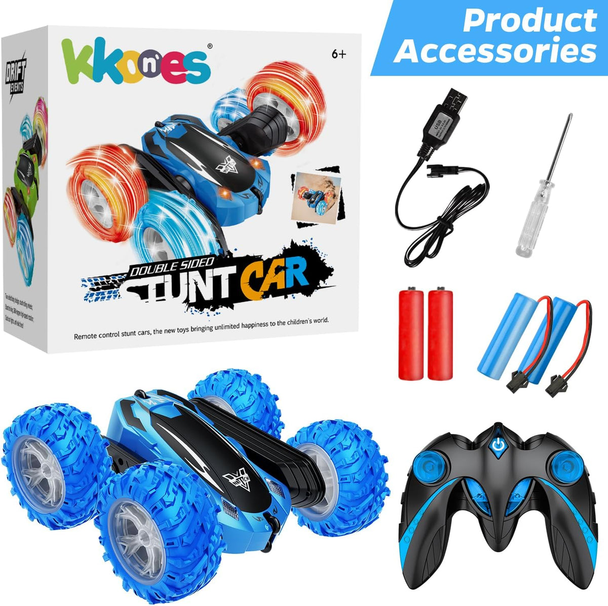 KKONES Remote Control Car, 2.4GHz Double Sided 360° Flips Rotating Electric Race RC Stunt Car, LED Wheel & Headlight High Speed Off Road Cars Toy Gift for 3 4 5 6 7 8-12 Year Old Boy Toys (Blue)