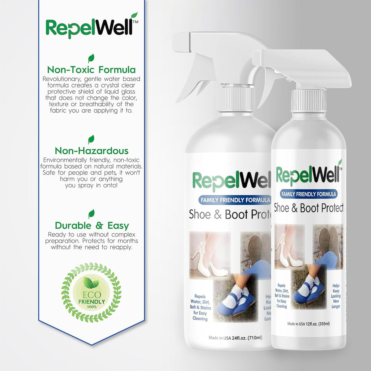 Shoe & Boot Stain & Water Repellent (12oz) Eco-Friendly, Pet-Safe Spray Keeps Fabric, Leather & Suede Clean & Dry