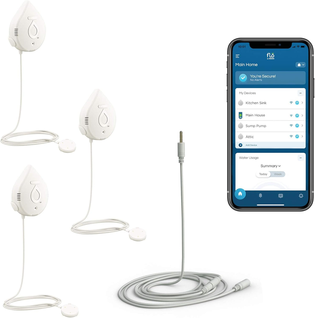 Flo by Moen Smart Water Detector, 3-Pack with Leak Sensing Cable (6-ft)