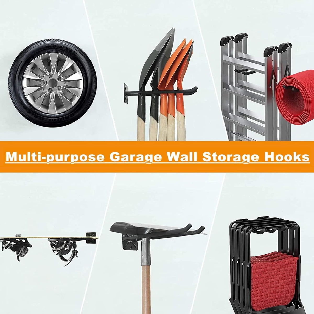 TORACK 4 Pack Garage Storage System Hooks, Heavy Duty Wall Mount Tool Organizer, Chair Hanger Garage Storage Utility Hooks for Car Tires, Ladders, Chairs, Strollers, Power Tools, Garden Tools