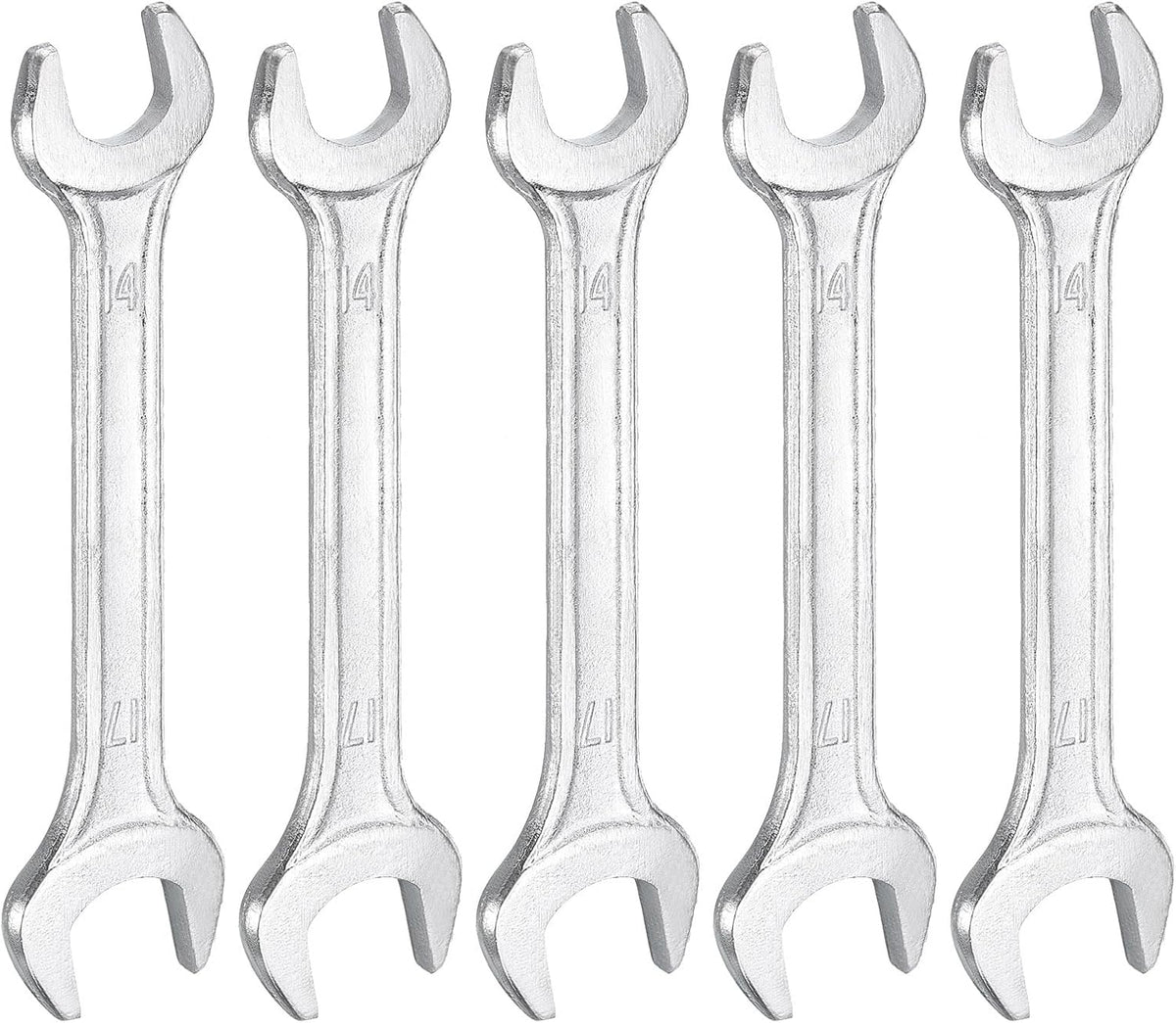 HARFINGTON 5pcs Double Open End Wrench 14mm x 17mm Metric 15 Degree Offset Angle Small Flat Head Wrench Galvanizing Open Ended Spanner for Automotive Repair Furniture Assembly