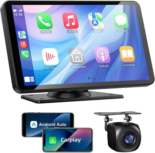 Wireless Apple Carplay and Android Auto Screen for Car, 7" HD Portable Touch Screen Car Stereo with Bluetooth, Backup Camera, Navigation, Mirror Link for All Vehicles