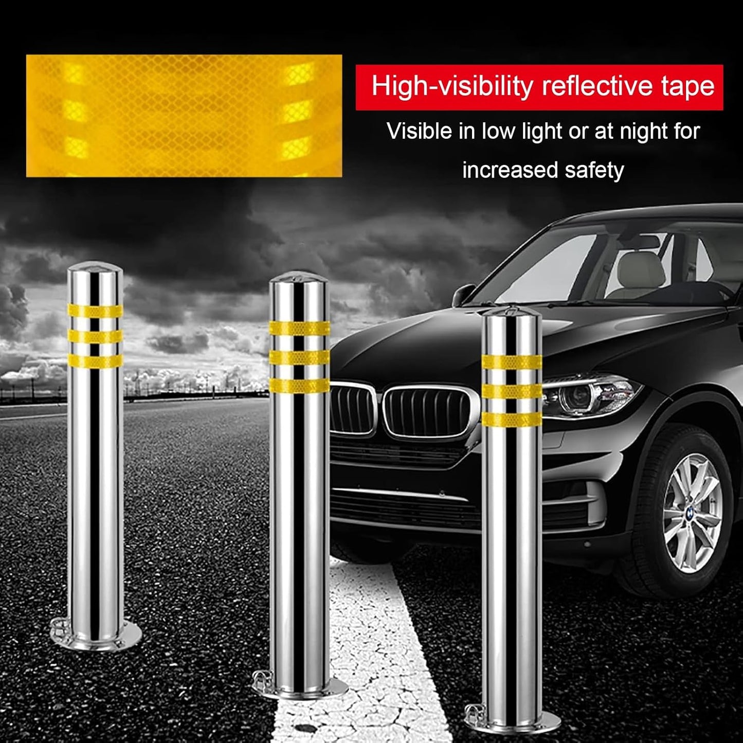Stainless Steel Parking Bollards for Driveway, Industrial Safety Bollards Reflective Channelizer Post, Parking Barrier, Sturdy and Durable, Easy to Install, for Crowd Control(Silver (4pcs),7.6*100cm/3