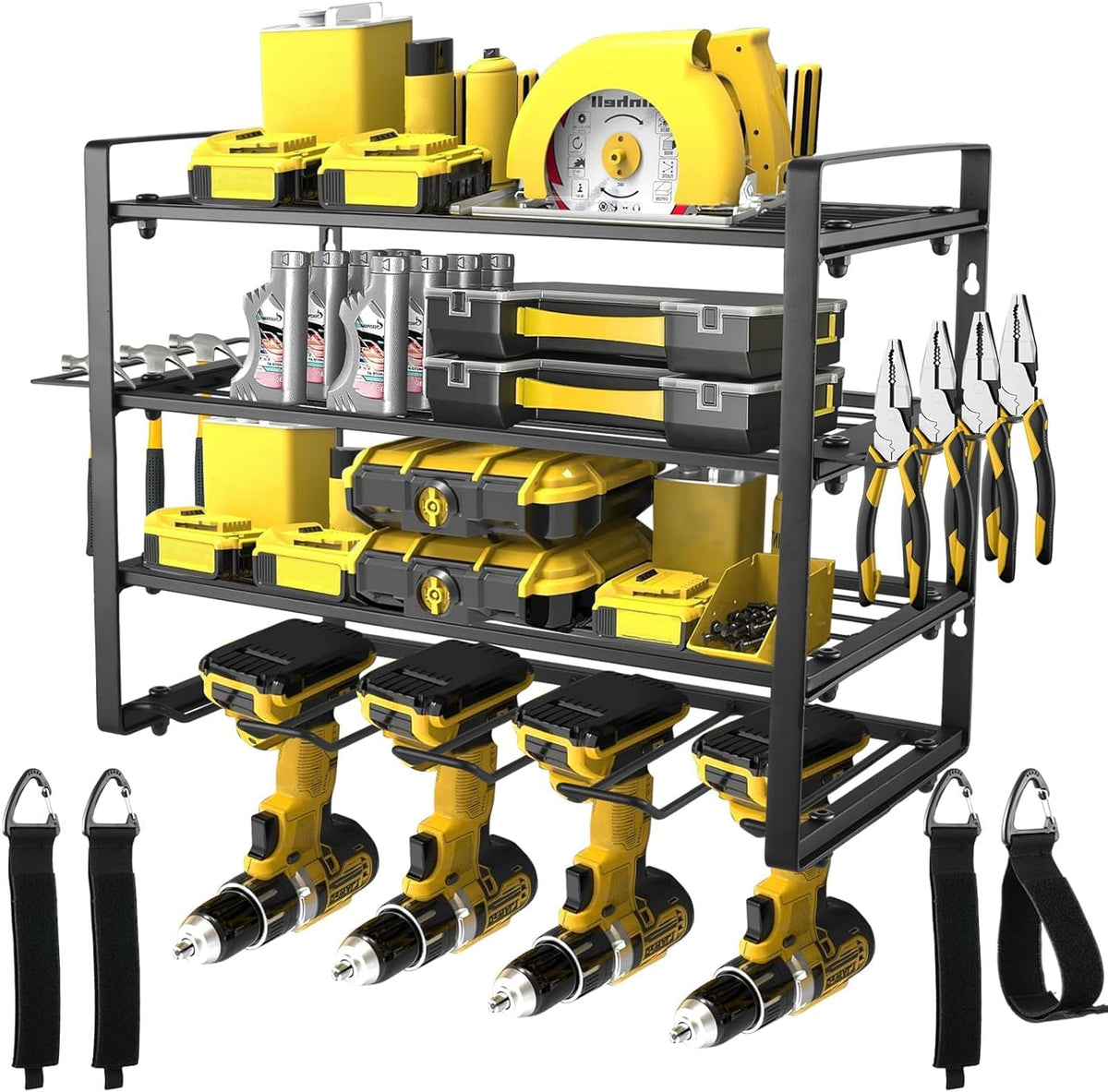4 Layers Power Tool Organizer Wall Mount, Garage Wall Shelving, 4 Drill Holder Wall Mount, Cordless Tool Organizer, Garage Storage Rack with 4 Extension Cord Holder