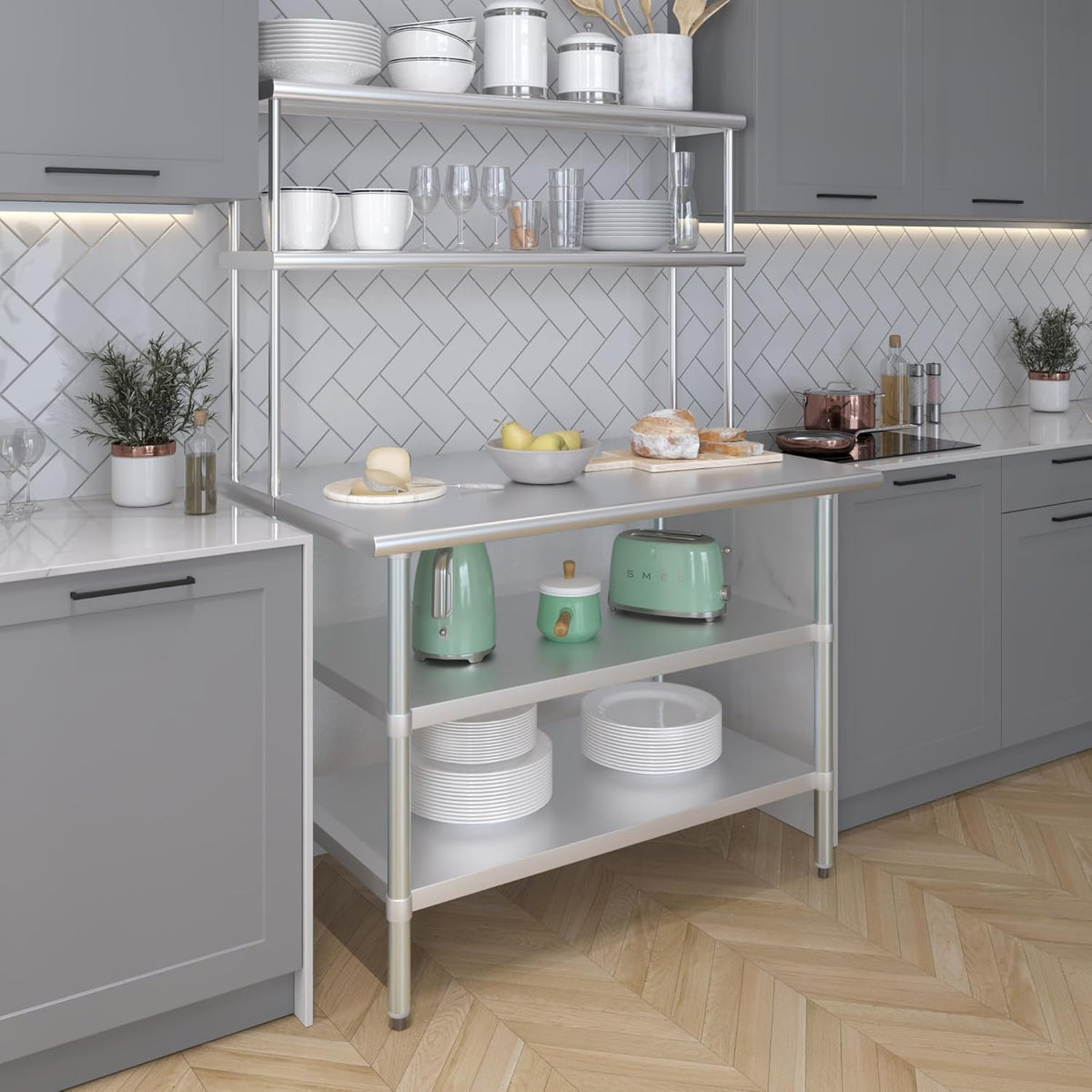 Amgood Stainless Steel Work Table with 2 Shelves | 30" x 48" Table with 2 Shelves + 12" Overshelf
