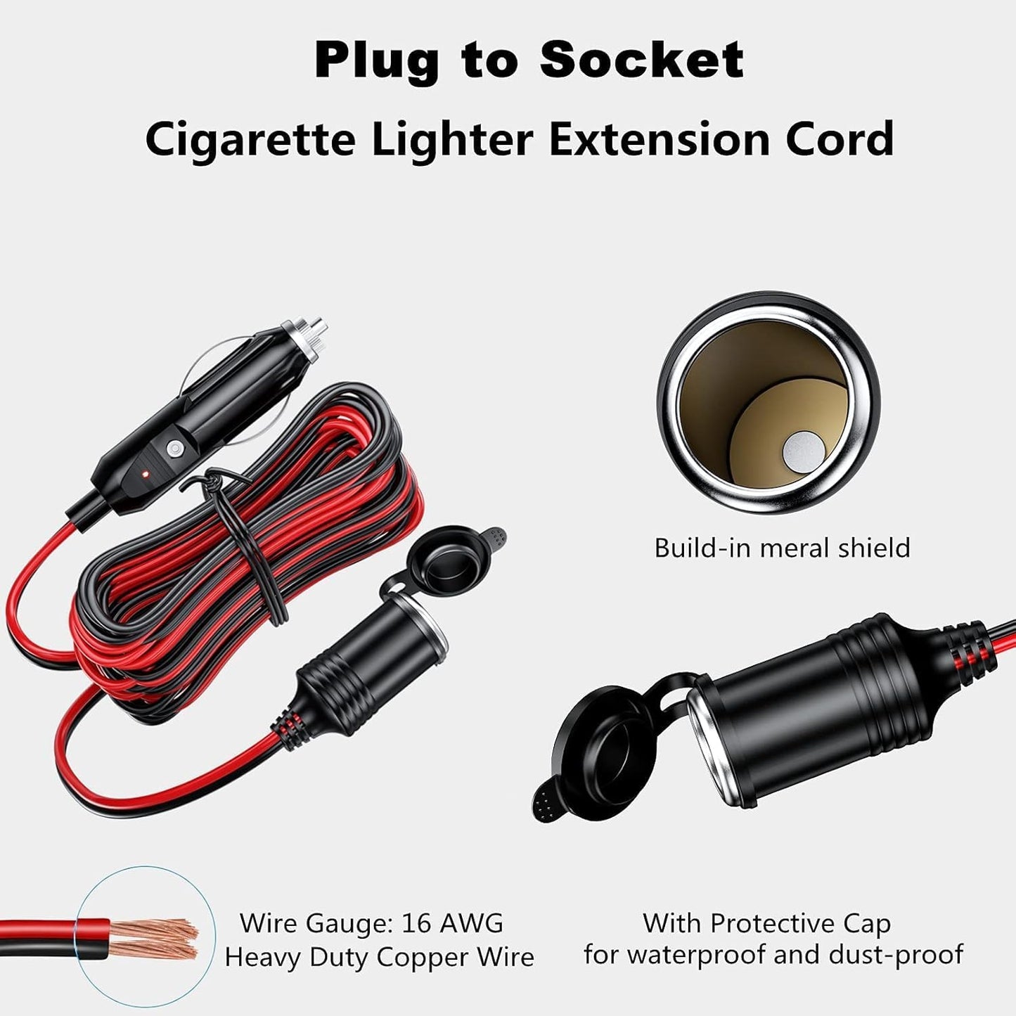 KEWIG 12/24V Car Cigarette Lighter Extension Cord - 20FT Cigarette Lighter Plug Cable- 16AWG Heavy Duty Extension Cable with 15A Fuse and LED Indicator
