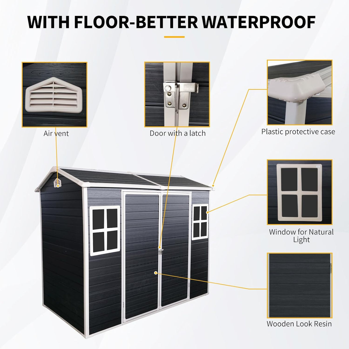 8x4 FT Outdoor Storage Shed, Resin Garden Shed with Thick Floor, Plastic Storage Shed with 2 Windows, Waterproof Outside Tool Shed with Lockable Hinged Doors for Backyard, Patio, Lawn, Black