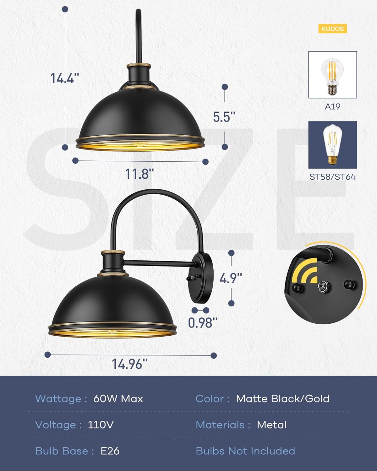 kudos Dusk to Dawn Porch Light Motion Sensor Outdoor Gooseneck Light Fixture Black Farmhouse Wall Sconce Lantern for Porch Entryway Garage, 1 Pack, KDOWL03-BK-S-LC