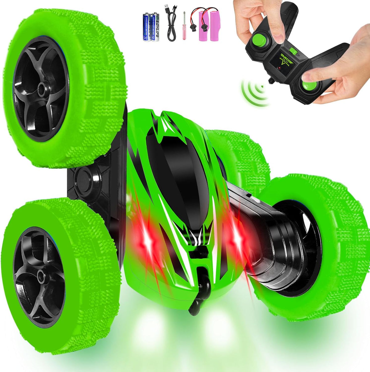FREE TO FLY Remote Control Car for Boys 8-12: 2.4Ghz Electric Rechargeable Race Stunt Cars Double Sided 360 Rolling Rotating Rotation with Led Headlights