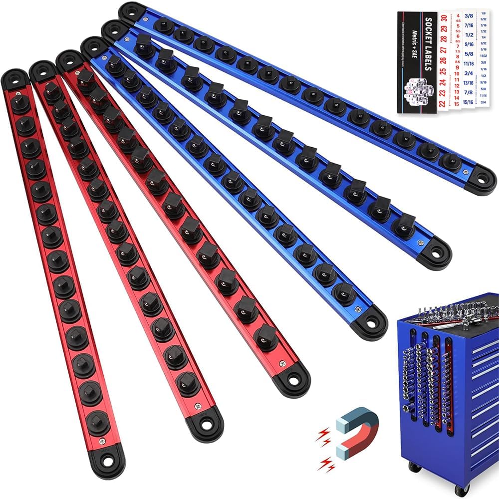 Magnetic Socket Holder Organizer Set: 6-Piece Detachable 1/4, 3/8, 1/2 Socket Trays Socket Organizer for Tool Box Drawer Holds 80-Piece Standard Size Sockets for Automotive Mechanic Garage(Red Blue)