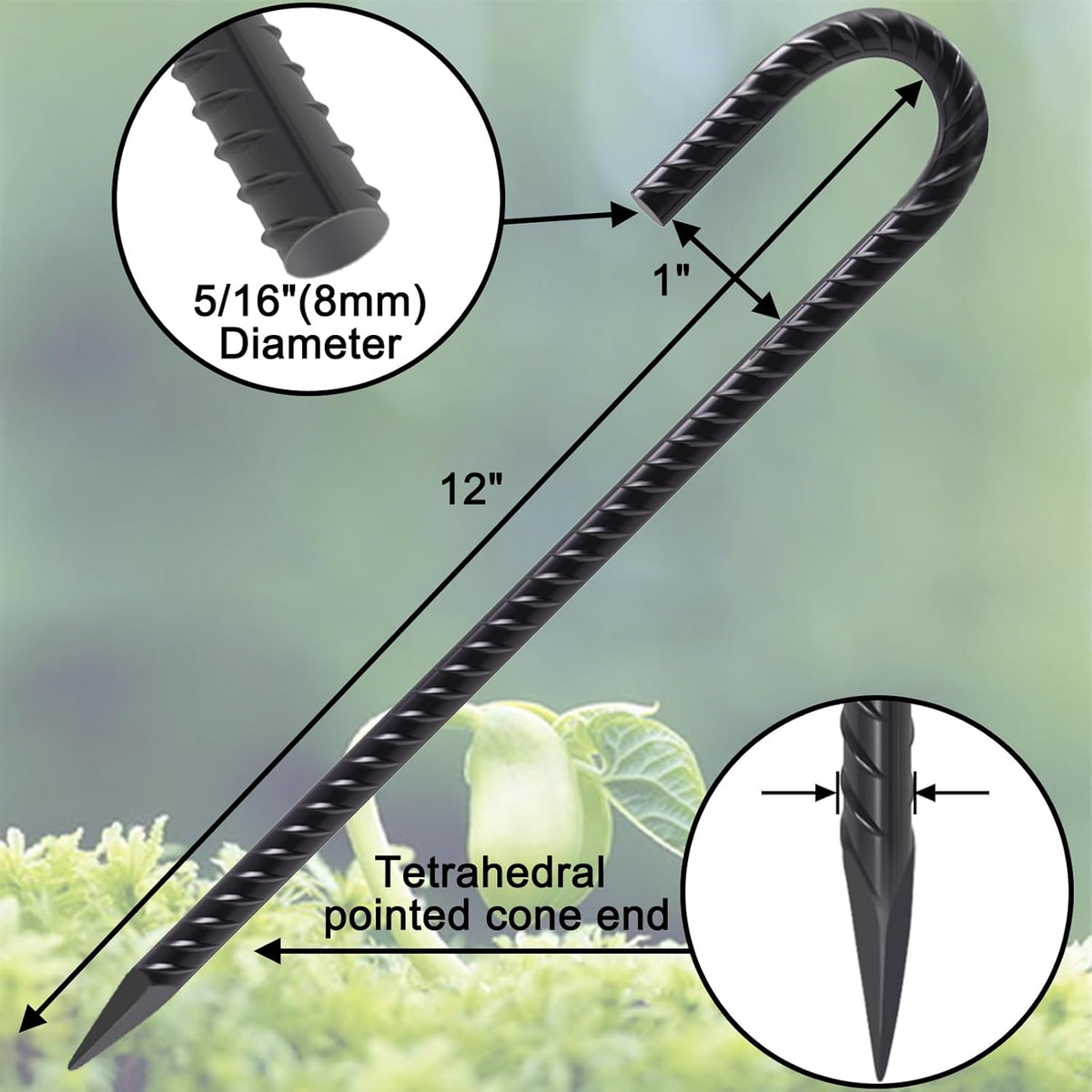 VVOKGO Rebar Stakes 12 Inches J Hook Heavy Duty Chain Link Fence Stakes, 32 Pcs Metal Long Tent Spikes Ground Anchors for Wire Fencing, Dogs Digging, Camping Tents, Swings, Greenhouse, Black
