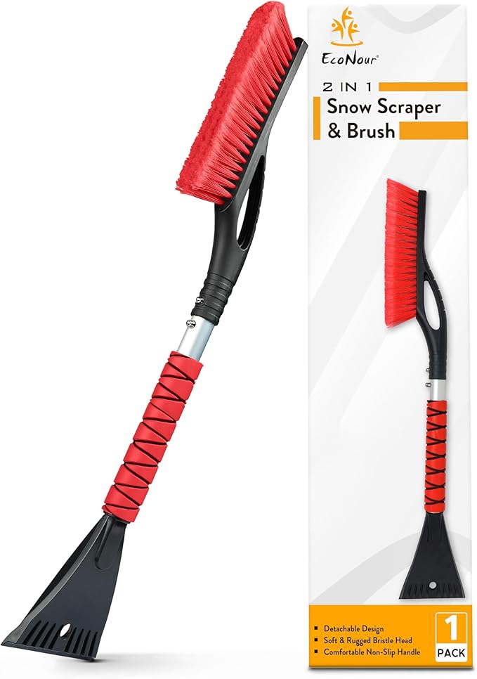 EcoNour 27" Aluminum Car Snow Scraper and Brush (Red) | Scratch-Free Weaved Bristle Head with Metal Body Ice Scraper for Car Windshield | Tough Ice Scraper with Ergonomic Foam Grip for Cars | 1 Pack
