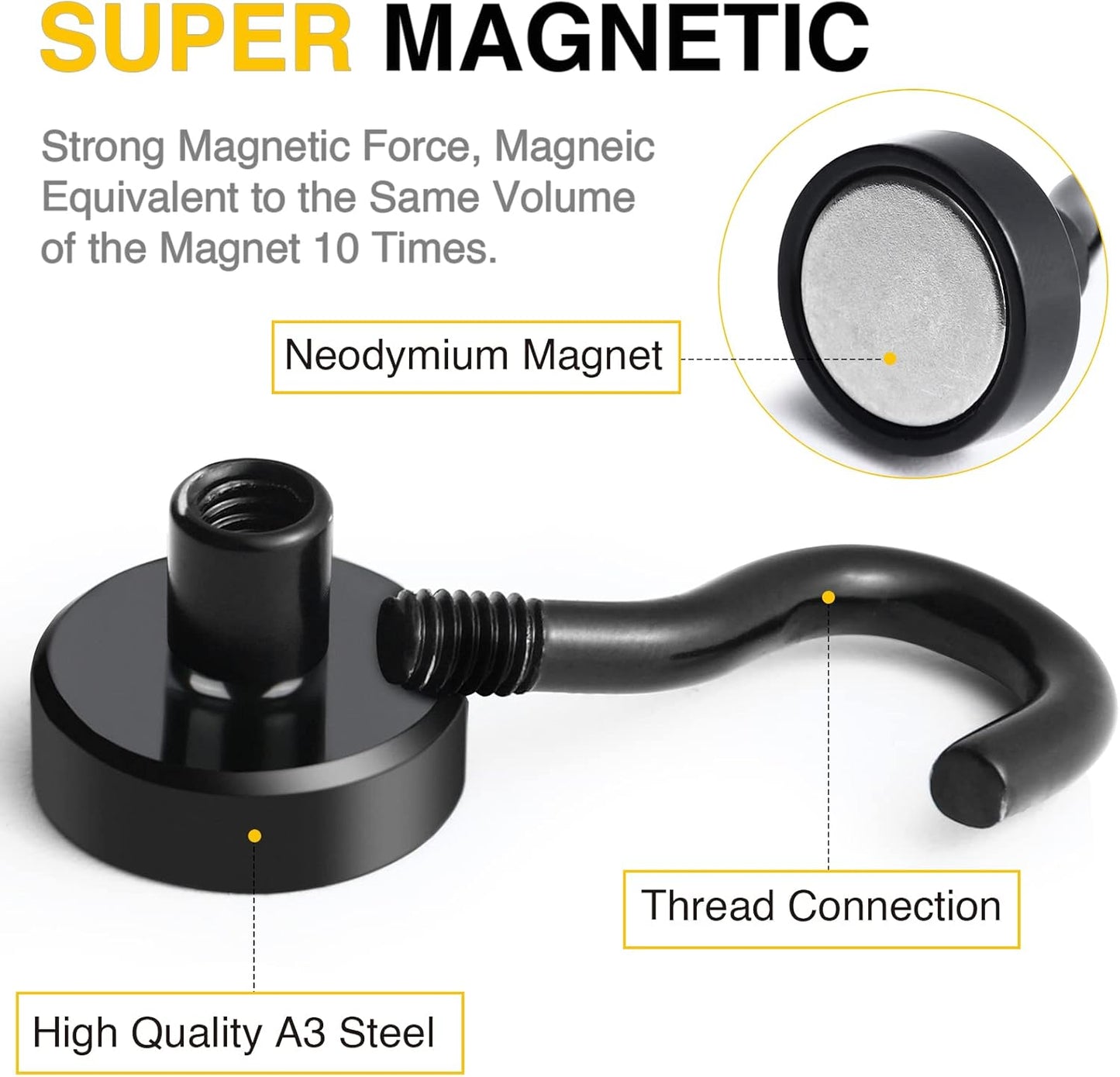 DIYMAG Magnetic Hooks, 30Lbs Facilitate Hook Neodymium Magnet Hooks with Nickel Coating for Cruise，Kitchen, Home, Workplace, Office and Garage etc, 10 Packs (Black)