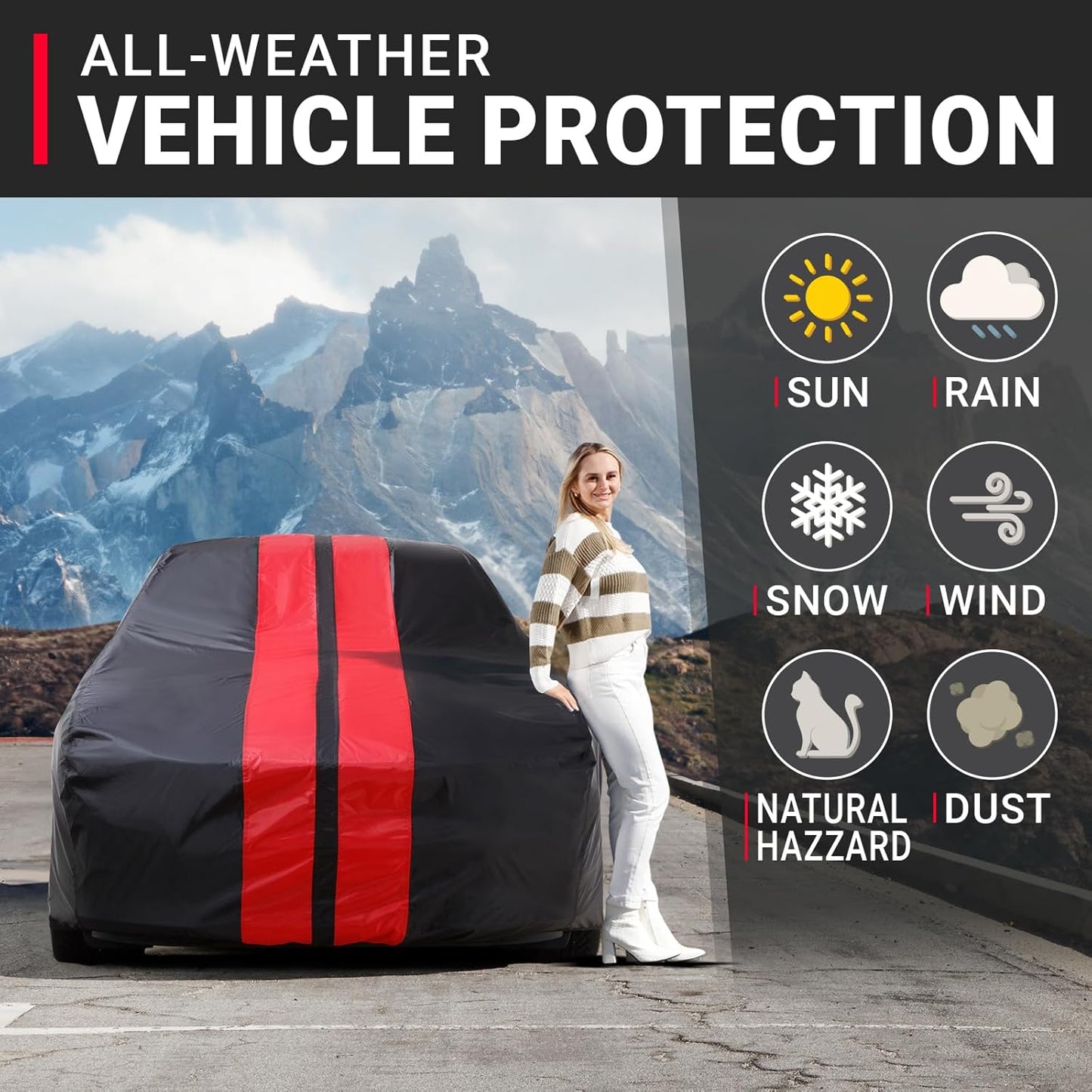 iCarCover Custom Car Cover for Chevy SSR (2003-2006) Waterproof All Weather Rain Snow UV Sun Protector Full Exterior Indoor Outdoor Car Cover (Stripe - Black/Red)