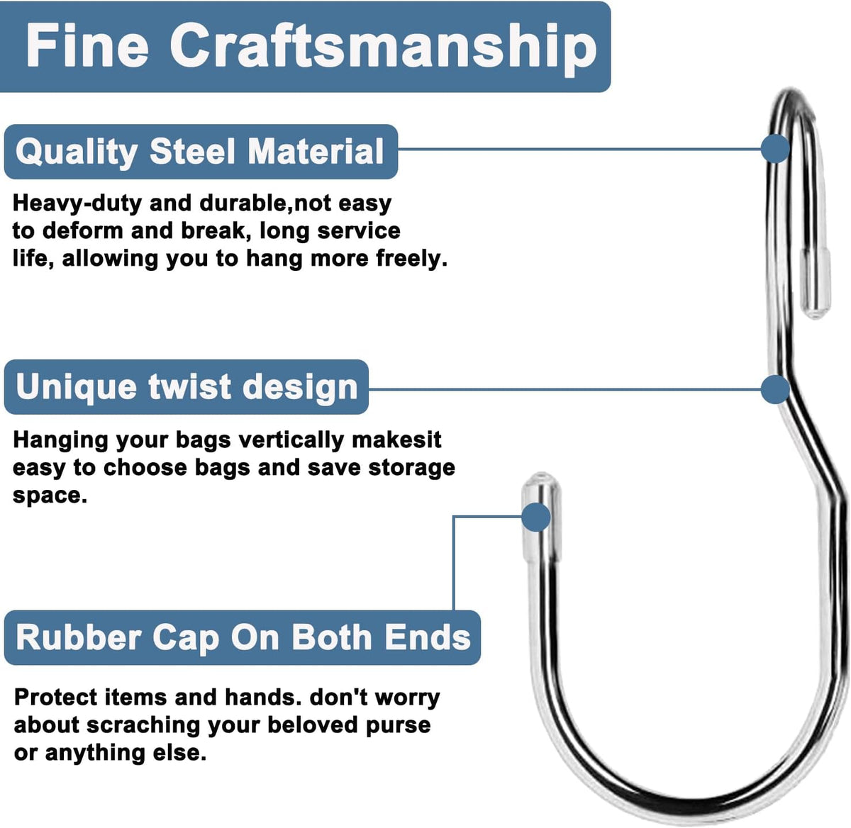 Unique Twist Design Bag Hanger Purse Hooks - 5 Inch Large Size Closet Rod Hooks for Hanging Bags, Purses, Handbags, Belts, Scarves, Hats, Clothes, Pans and Pots (12 Pack)