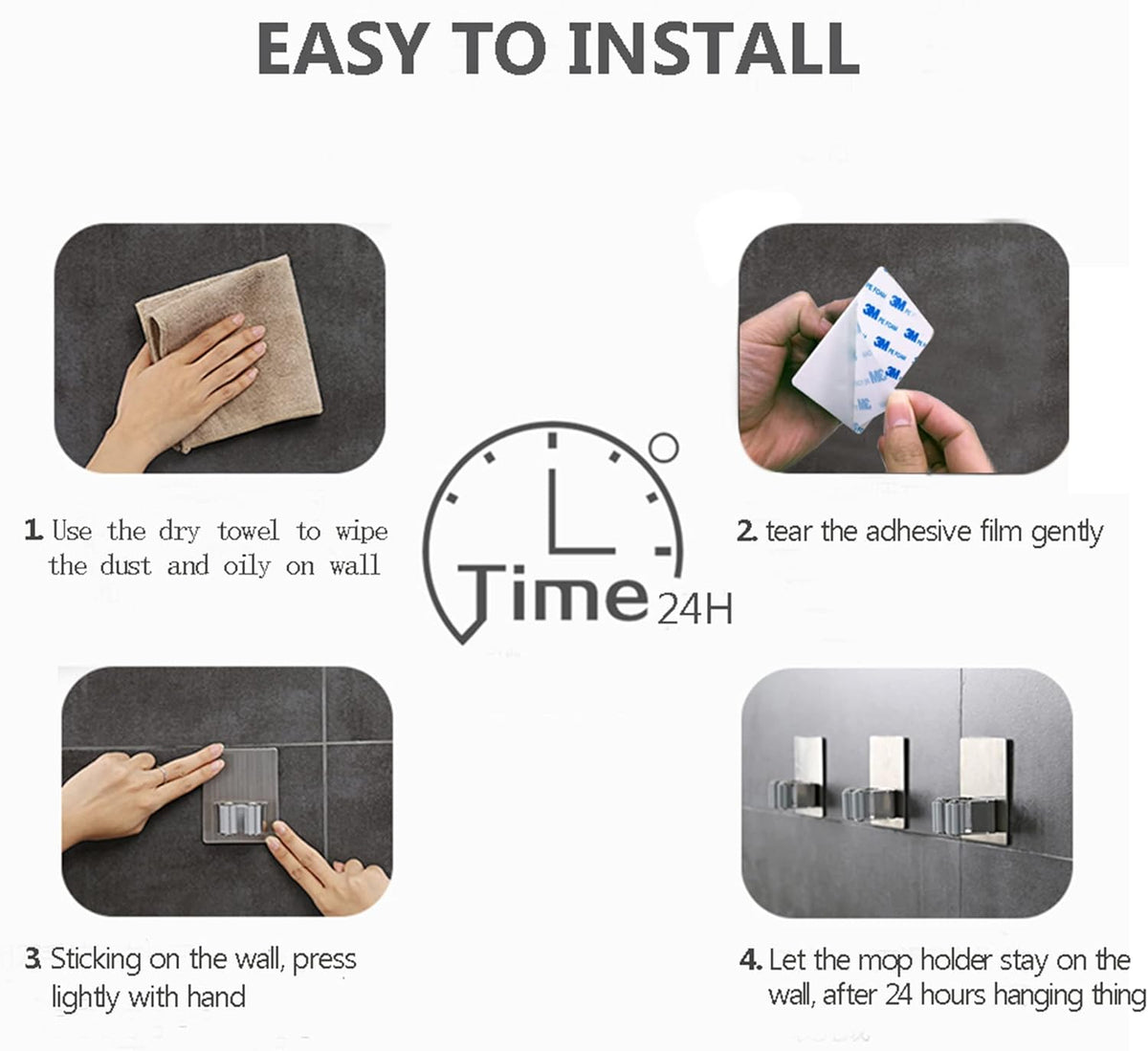 HANZE 4 Pack Stainless Steel Mop Broom Holder Organizer, Self Adhesive Wall Mounted Mop Organizer Storage Rack Clip for Kitchen Bathroom and Garage (Rectangle, Large)