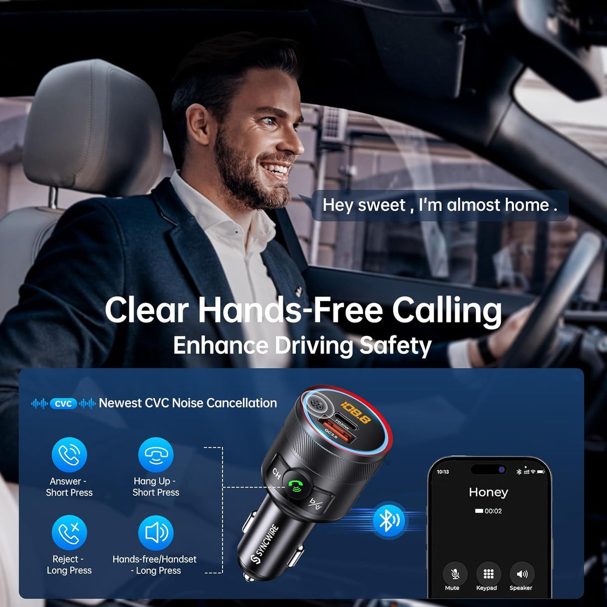 Syncwire Bluetooth 5.4 FM Transmitter for Car, 38W PD&QC3.0 Dual USB Charging Bluetooth Car Adapter Microphone & Bass Sound MP3 Music Player FM Kit with Hands-Free Calling