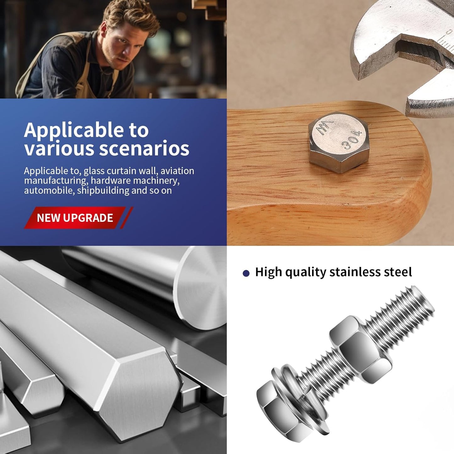 1/2-13 x 1" Hex Head Screw Bolt, Nuts, Flat & Lock Washers, 10Pcs 18-8 (304) Stainless Steel, Fully Threaded, by SG TZH