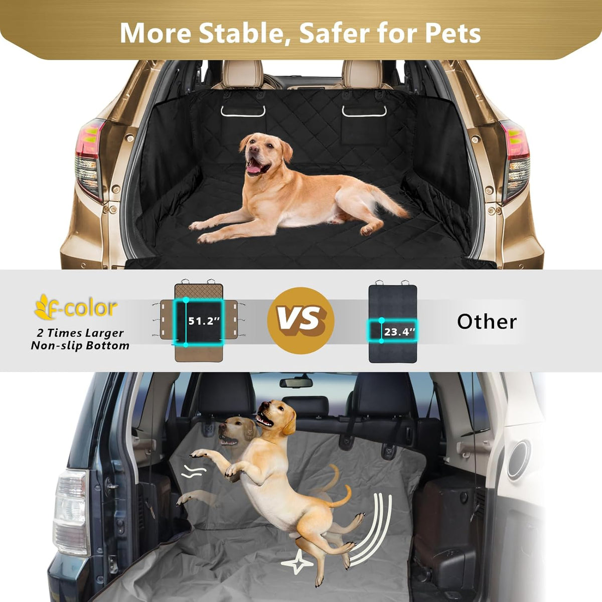 F-color SUV Cargo Liner for Dogs - Waterproof Pet Cargo Liner with Side Flaps, Comfort Dog Cargo Cover with Bumper Flap 2 Pockets, Scrachproof Non-slip Large Size Universal Fit SUVs Sedans Vans, Black