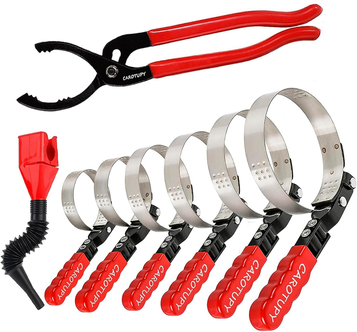8pcs Oil Filter Wrench Set, 12" Adjustable Oil Filter Pliers with Flexible Oil Funnel, Oil filter Removal Tool Adjustable from 1-1/4"-5-2/5"