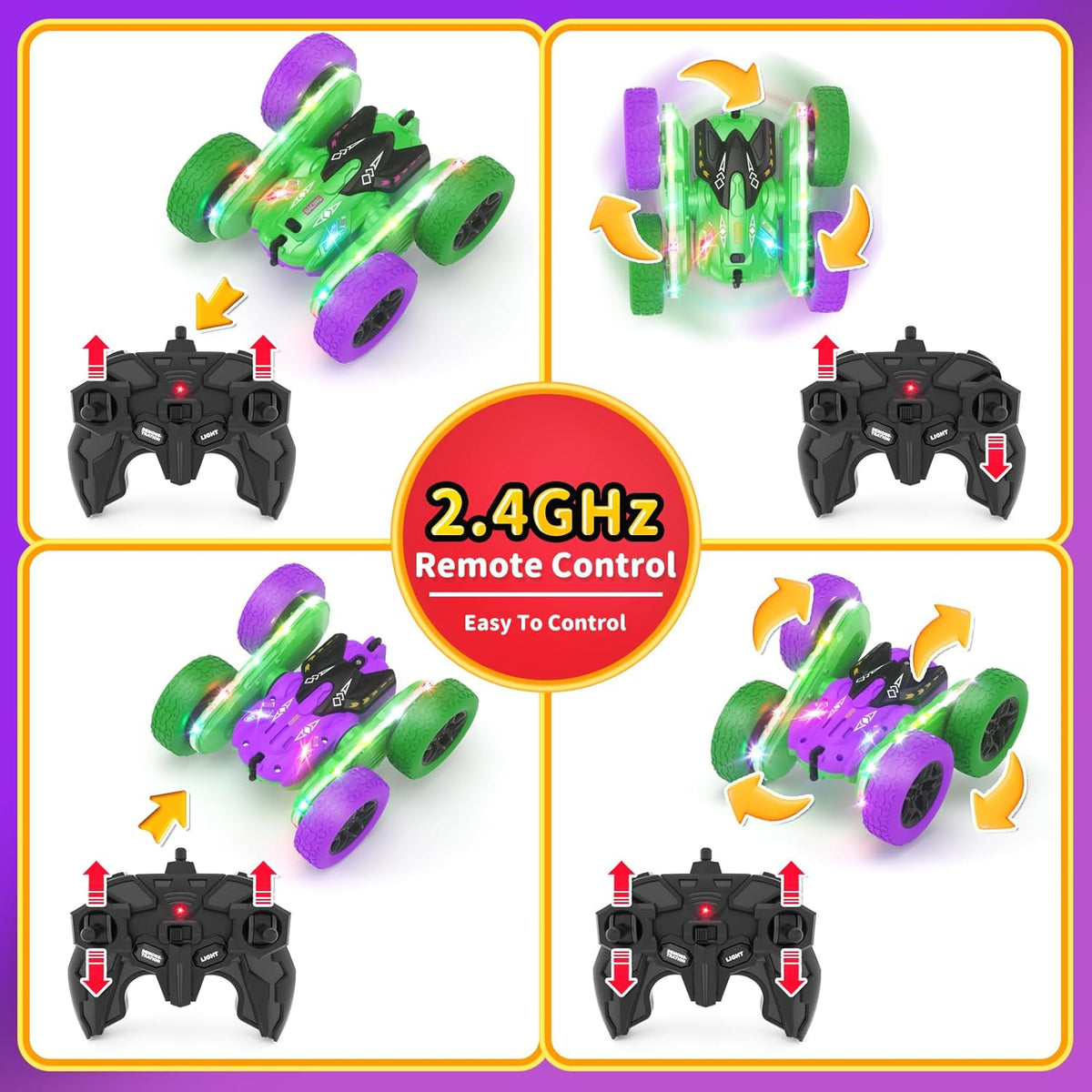 Remote Control Car, RC Cars, RC Stunt Car Toys with New Upgraded Strip Light & Headlight, RC Cars for Boy Girl Gifts with 2.4Ghz, 600mAh, 4WD, 90 Min Playtime, 360° Rotating, Double Sided
