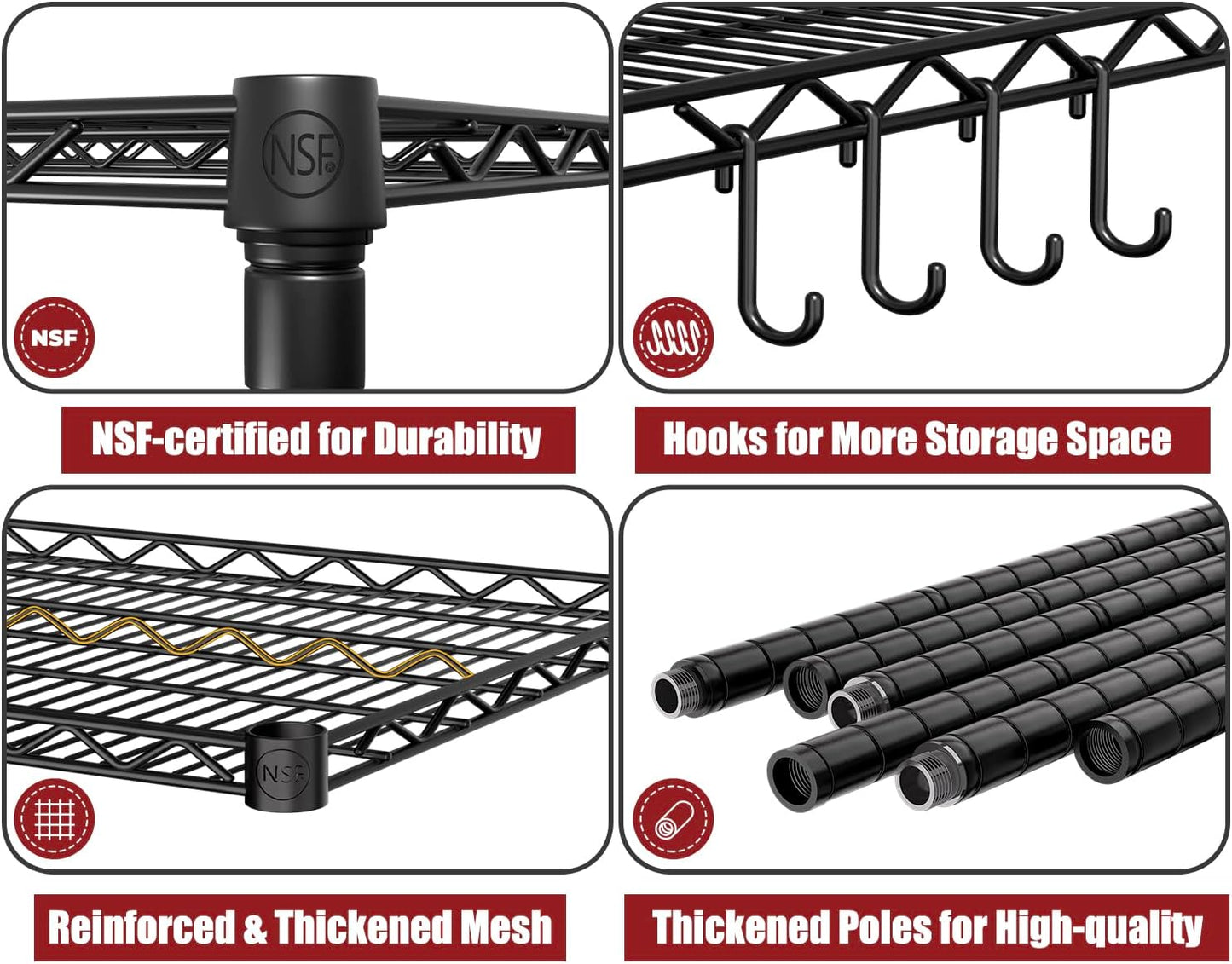 PrimeZone 55.5" W x 24" D x 80" H Heavy Duty Wire Storage Shelves with Wheels, 4 Tier Adjustable NSF Certified Garage Shelving Unit, Rolling Metal Organizer Shelf Rack for Warehouse, Pantry, Black