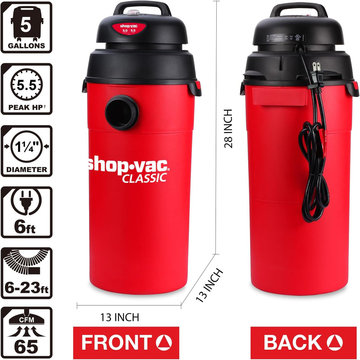 Shop-Vac 5 Gallon 5.5 Peak HP Wet/Dry Vacuum, Wall Mountable Compact Shop Vacuum with 6-23' Extra Long Hose & Attachments, Ideal for Jobsite, Garage, Car & Workshop. 9522236