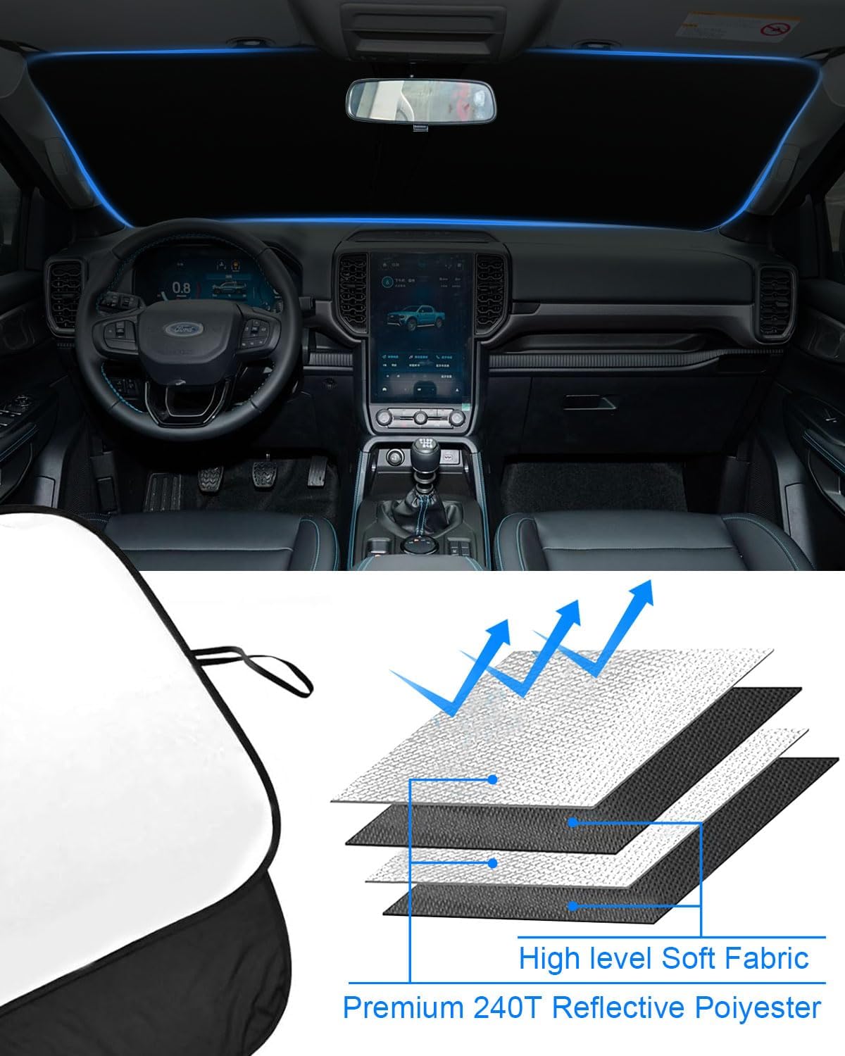 2025 Upgrade Front Windshield Sun Shade Foldable Ford Ranger Sun Shade Foldable Car Shade Automotive Windshield Sunshades fit for Ford Ranger 2019-2023 2024 2025 |Keep Car Interior Cooler|