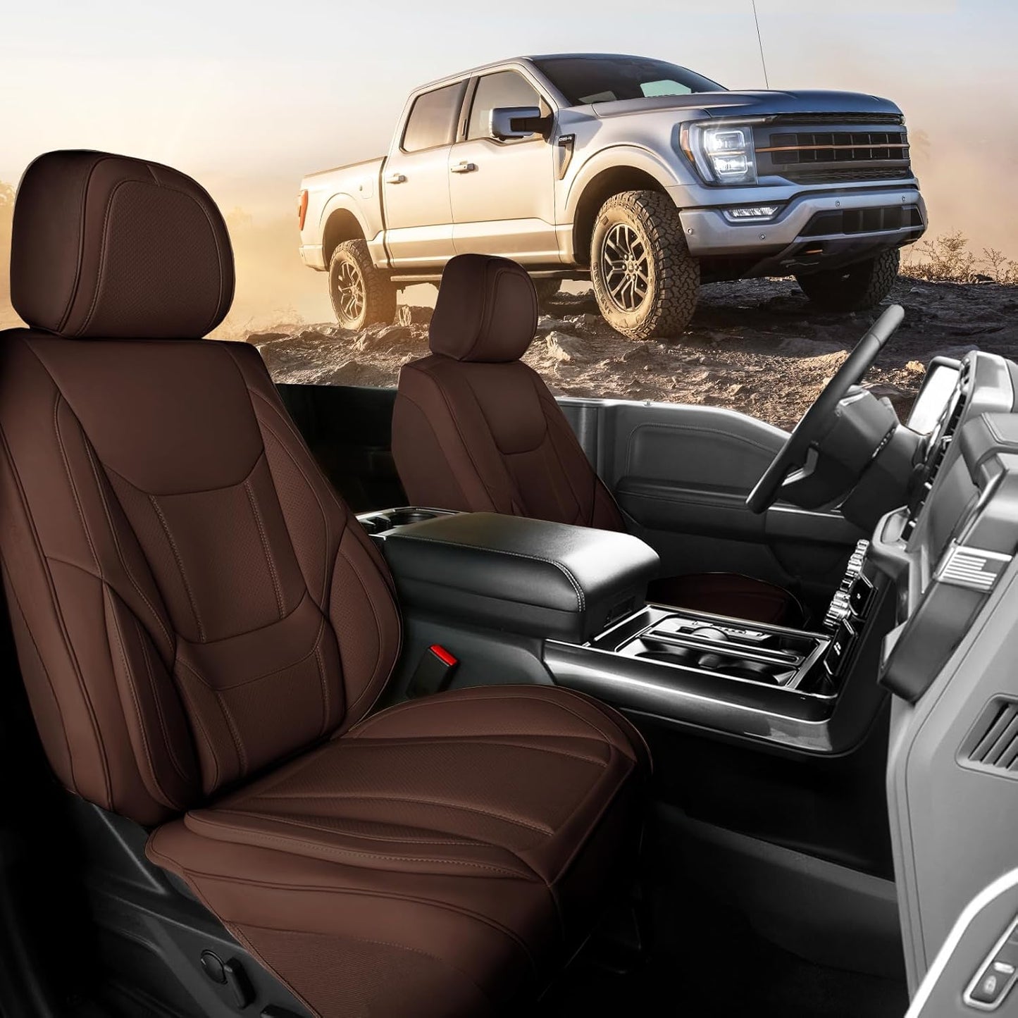 Coverland Custom Car Seat Covers Compatible with F150, Frontier, Sierra, Silverado 2500HD - Premium Leather Non-Slip Waterproof Interior Protector Front Seat-Dark Brown [See Size Chart-Size A12]