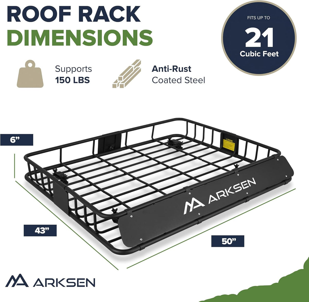 ARKSEN 43 x 50 x 6 Inch Universal Extra Wide 150LB Heavy Duty Roof Rack Cargo with Cargo Net, Car Top Luggage Holder Carrier Basket for SUV, Truck, & Car Steel Construction