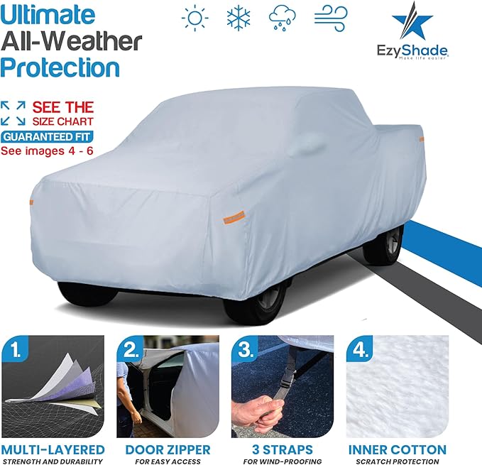 EzyShade 10-Layer Truck Cover Waterproof All Weather. See Vehicle Size-Chart for Accurate Fit. Full Outdoor Pickup Truck Covers for Silverado F150 RAM 1500. Sun Wind Rain. Size T4 (See SizeChart)